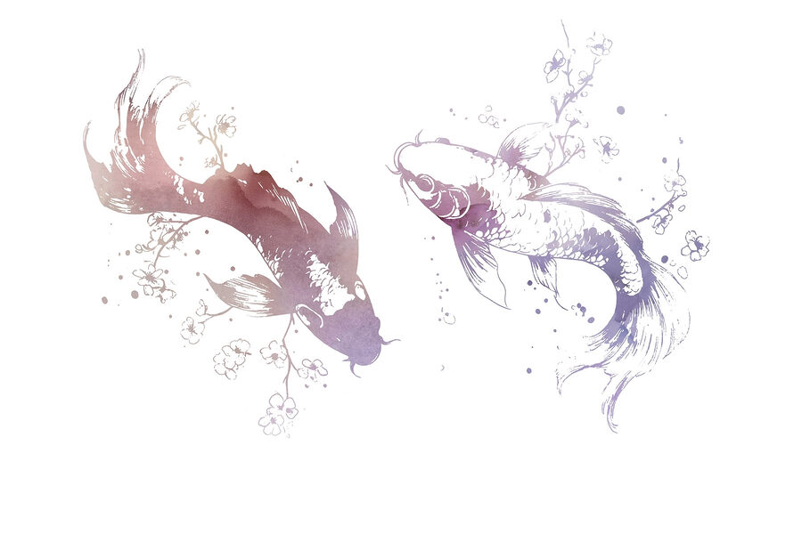 Zwei Fische mit Blumen und Blättern