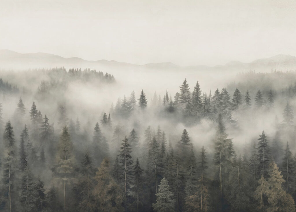 Wald mit Nebel und Bergen Wald mit Nebel und Bergen