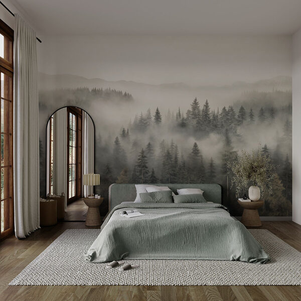 Wald mit Nebel und Bergen Wald mit Nebel und Bergen