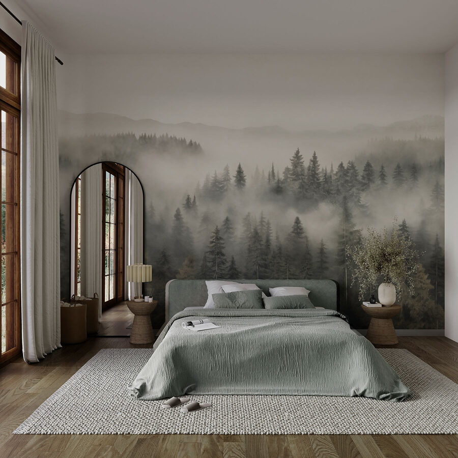 Wald mit Nebel und Bergen Wald mit Nebel und Bergen