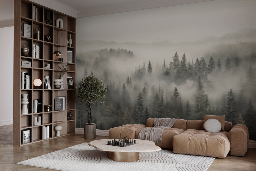 Wald mit Nebel und Bergen Wald mit Nebel und Bergen