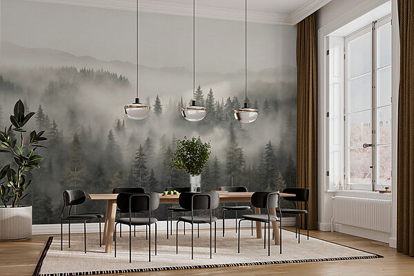 Wald mit Nebel und Bergen Wald mit Nebel und Bergen