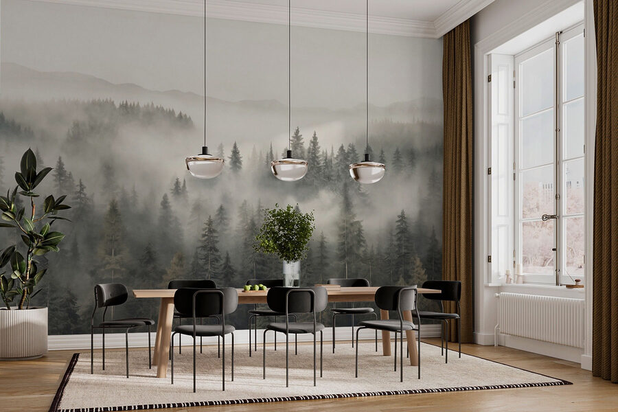 Wald mit Nebel und Bergen Wald mit Nebel und Bergen