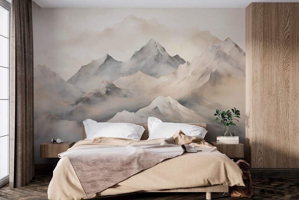 Painting of mountains with clouds