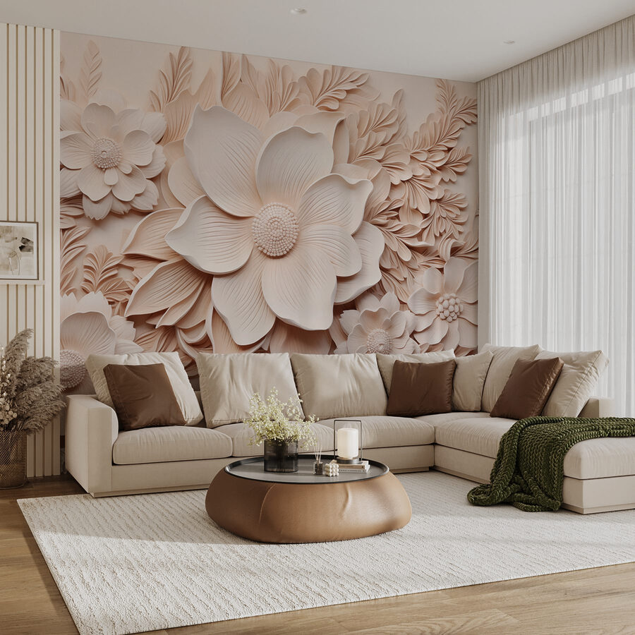 Weiße Blumen und Blätter an einer Wand