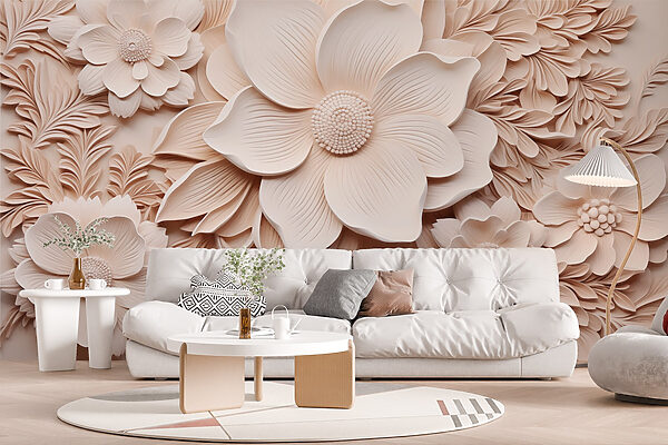 Weiße Blumen und Blätter an einer Wand Weiße Blumen und Blätter an einer Wand