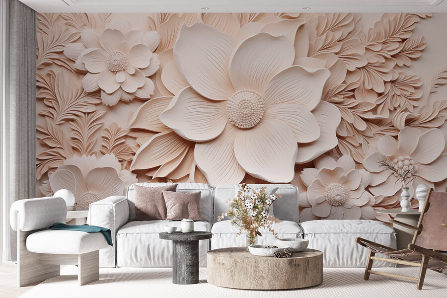 Weiße Blumen und Blätter an einer Wand