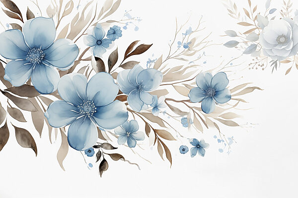 Gemälde mit blauen Blumen und braunen Blättern Gemälde mit blauen Blumen und braunen Blättern