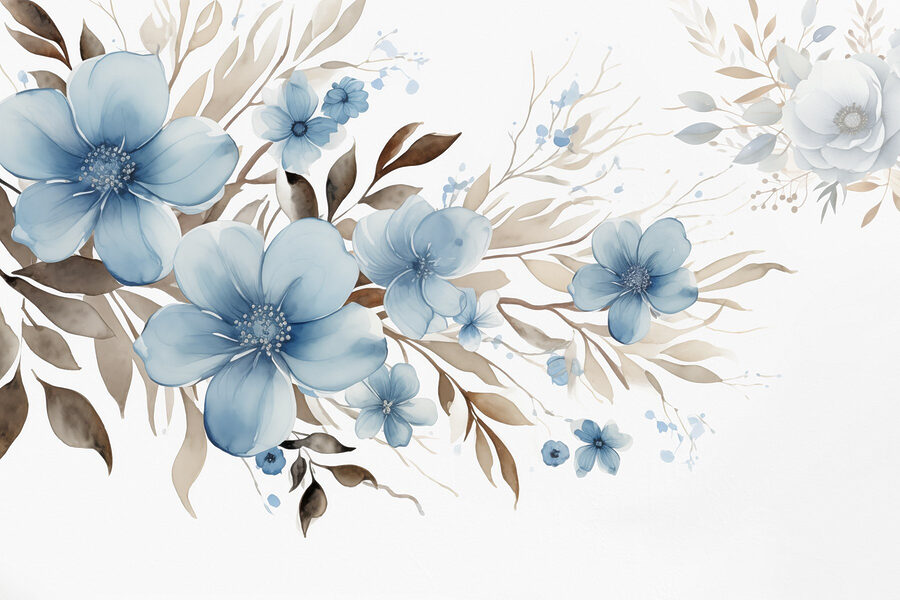 Gemälde mit blauen Blumen und braunen Blättern