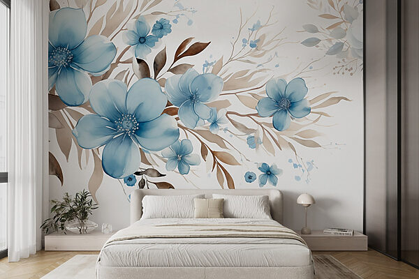 Gemälde mit blauen Blumen und braunen Blättern Gemälde mit blauen Blumen und braunen Blättern