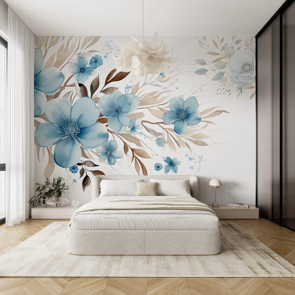 Gemälde mit blauen Blumen und braunen Blättern Gemälde mit blauen Blumen und braunen Blättern