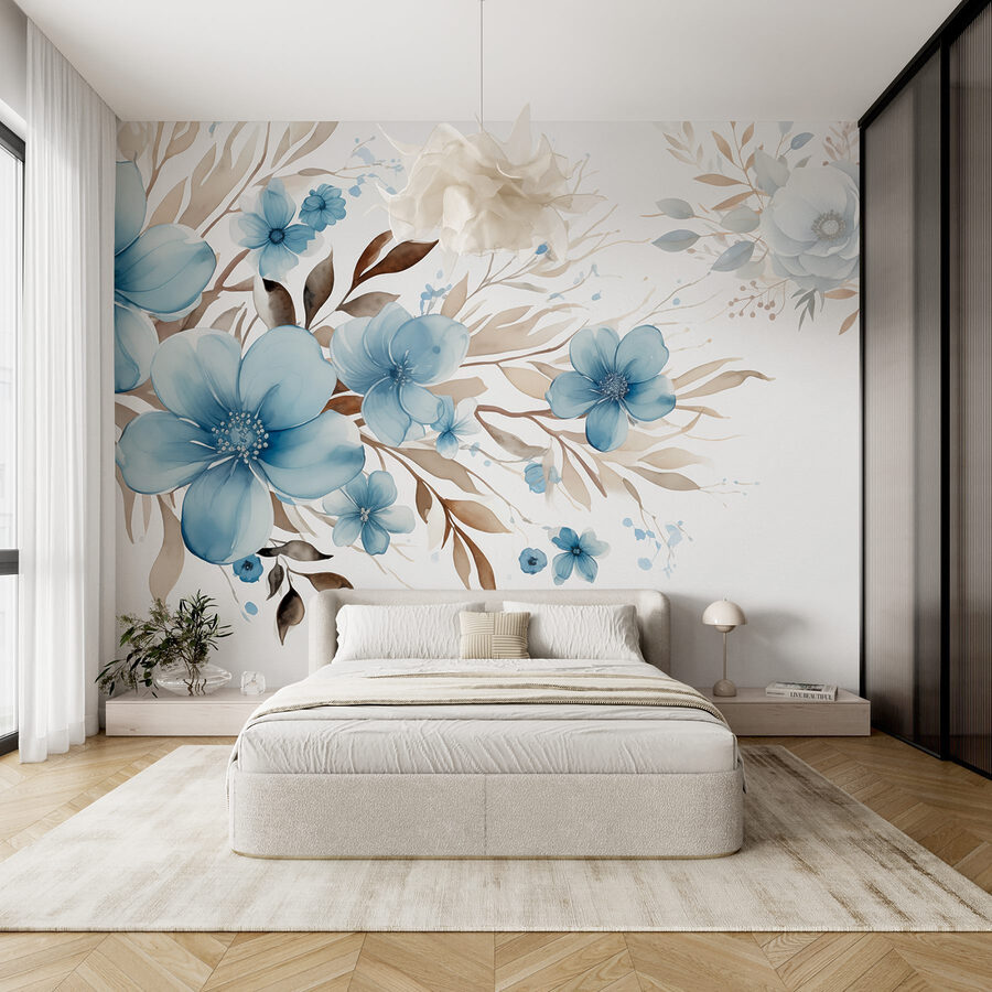 Gemälde mit blauen Blumen und braunen Blättern