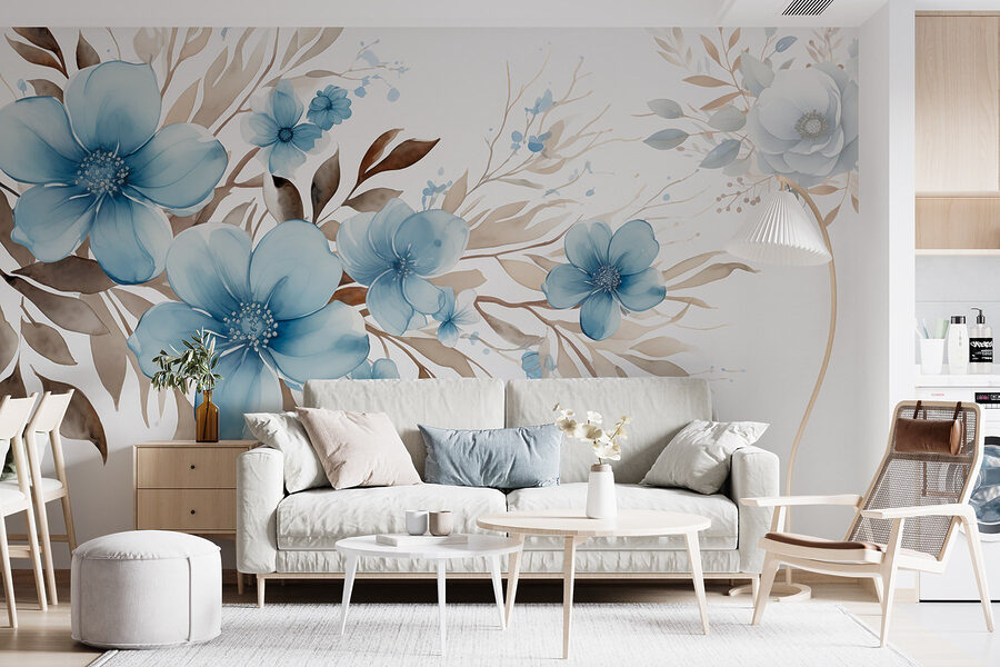 Gemälde mit blauen Blumen und braunen Blättern