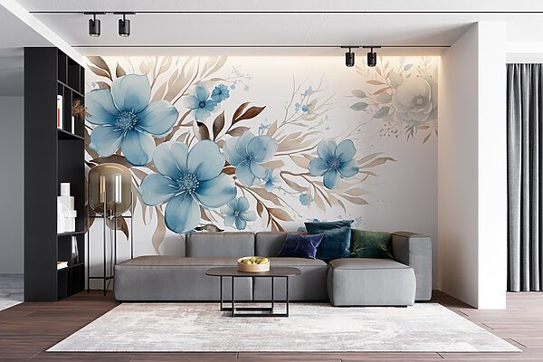 Gemälde mit blauen Blumen und braunen Blättern Gemälde mit blauen Blumen und braunen Blättern