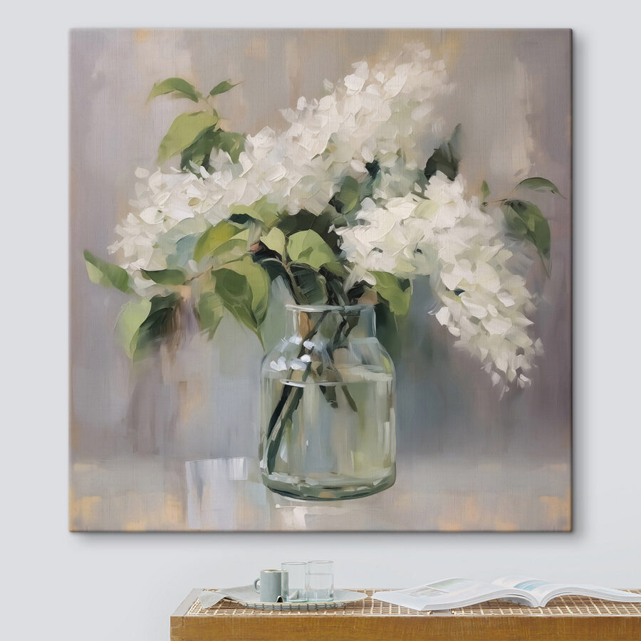 Gemälde eines Blumenstraußes aus weißen Blumen in einem Glasgefäß