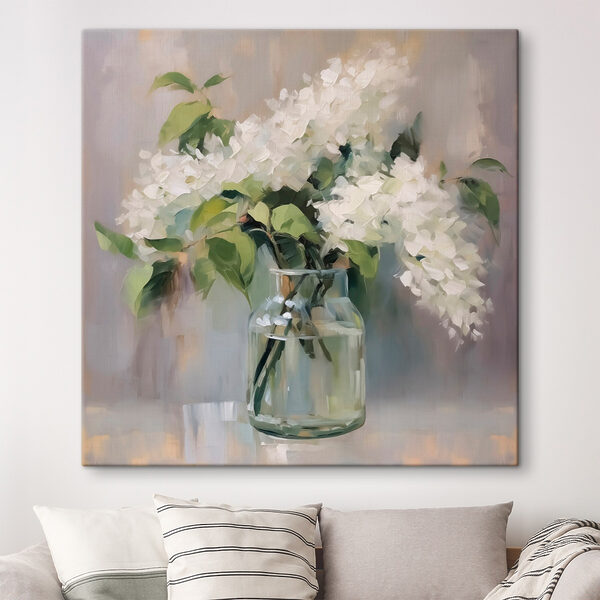 Gemälde eines Blumenstraußes aus weißen Blumen in einem Glasgefäß Gemälde eines Blumenstraußes aus weißen Blumen in einem Glasgefäß
