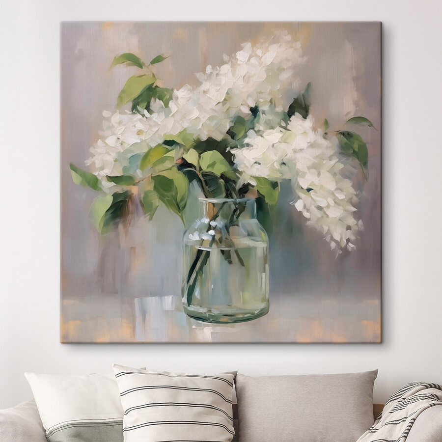 Gemälde eines Blumenstraußes aus weißen Blumen in einem Glasgefäß