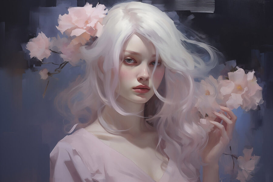 Frau mit langen weißen Haaren und rosa Blumen
