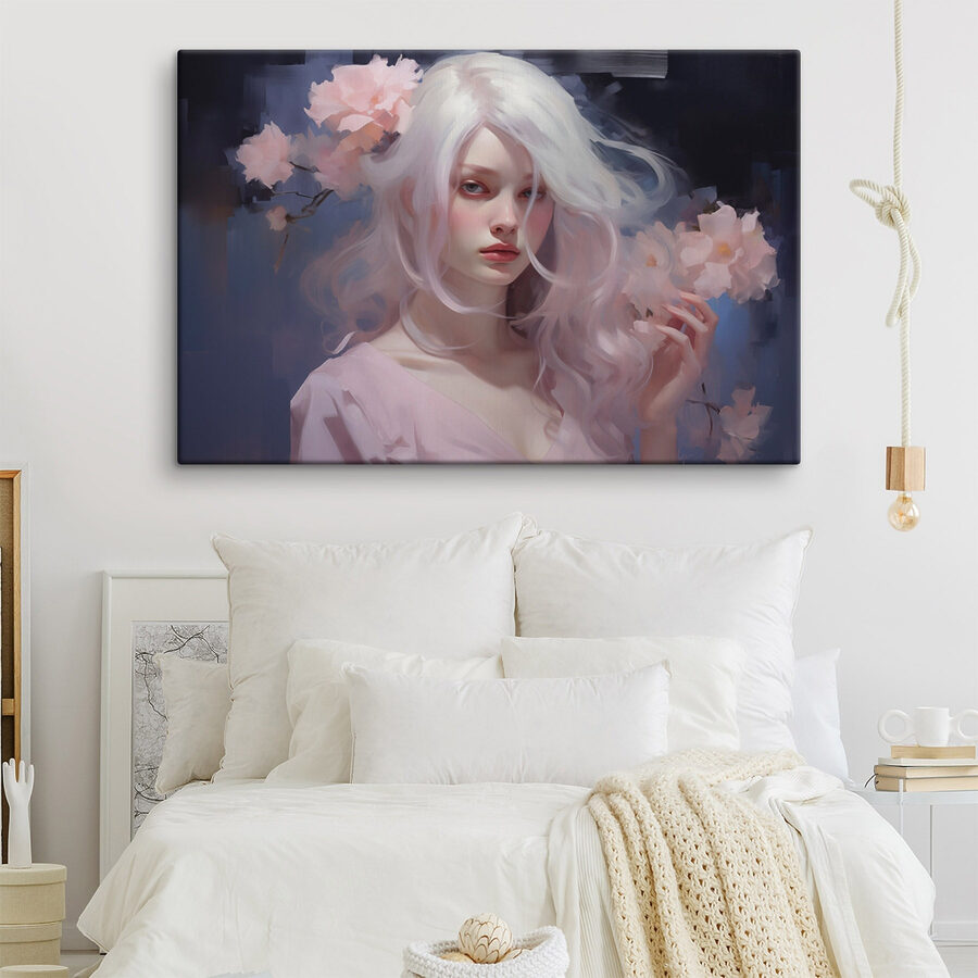 Frau mit langen weißen Haaren und rosa Blumen