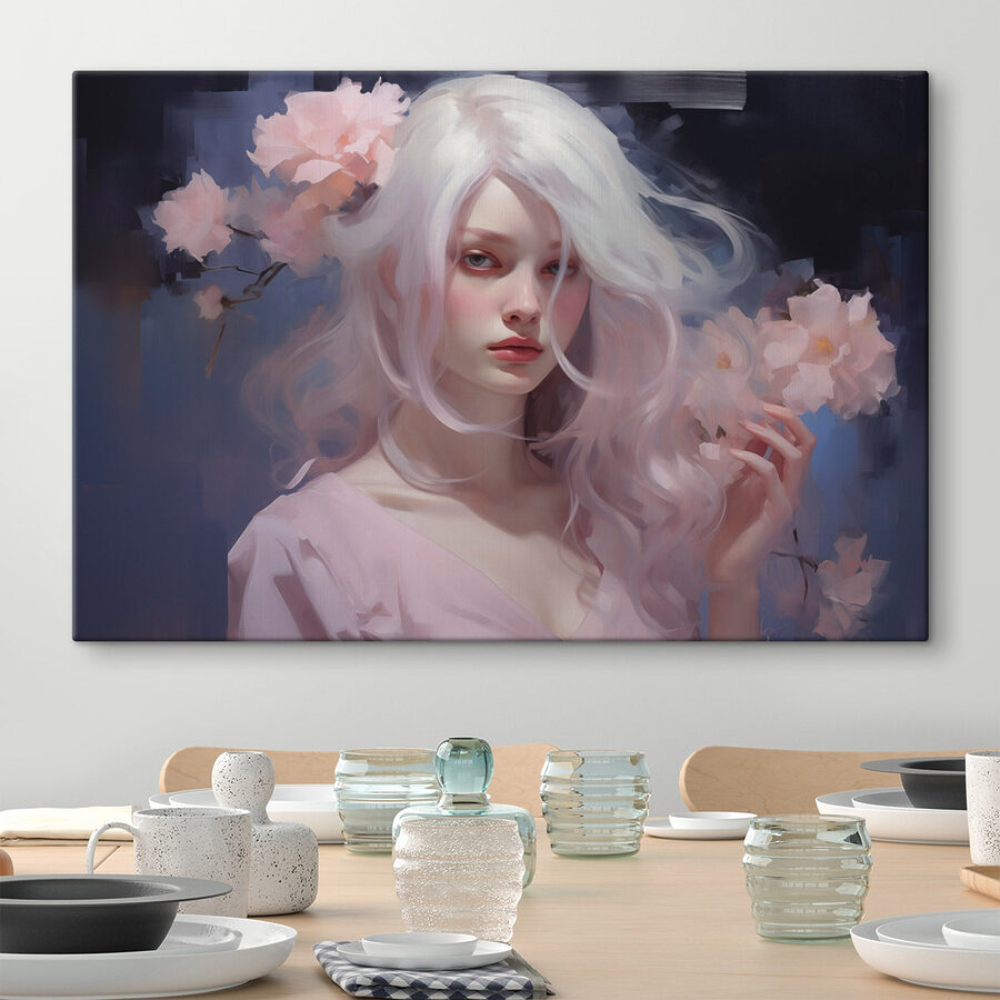Frau mit langen weißen Haaren und rosa Blumen