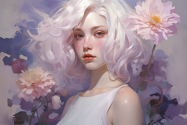 Frau mit rosa Haaren und rosa Blumen Frau mit rosa Haaren und rosa Blumen