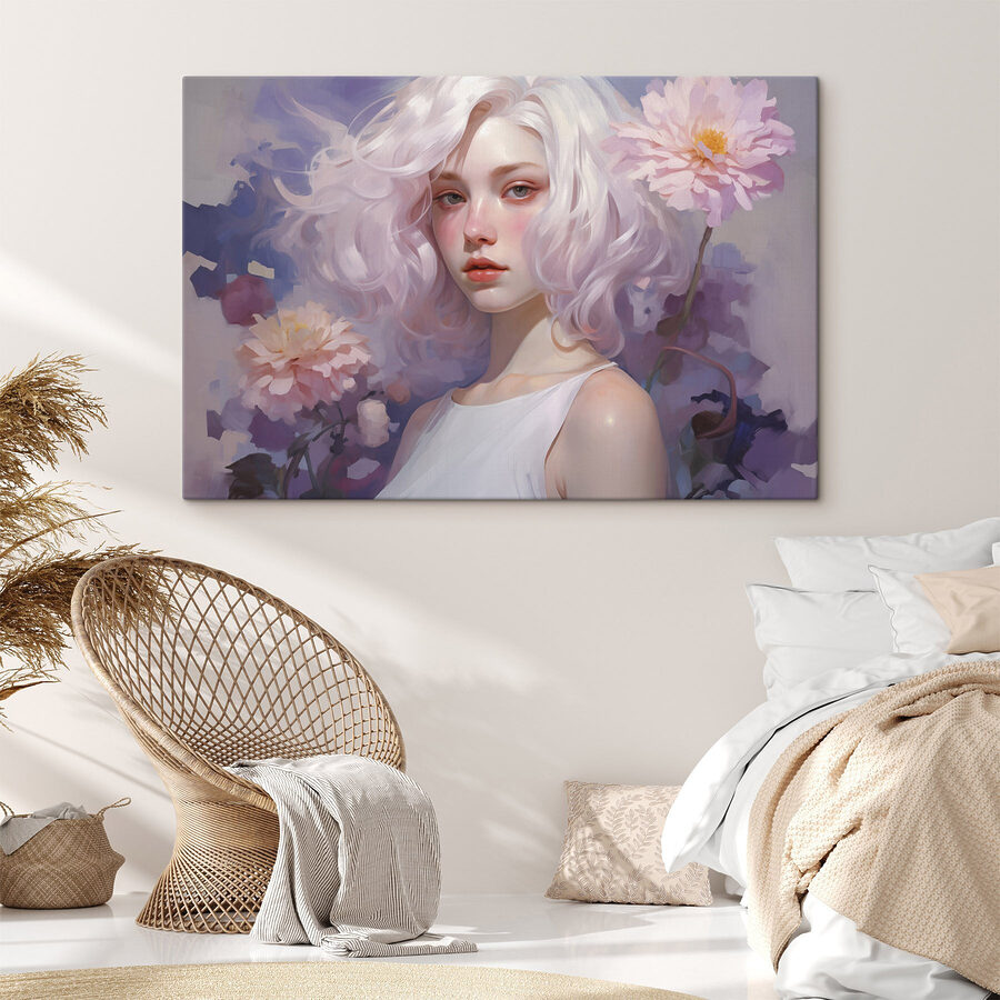 Frau mit rosa Haaren und rosa Blumen Frau mit rosa Haaren und rosa Blumen