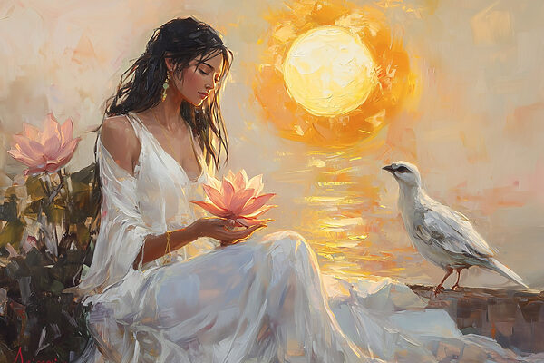 Gemälde einer Frau, die eine Blume und einen Vogel hält Gemälde einer Frau, die eine Blume und einen Vogel hält