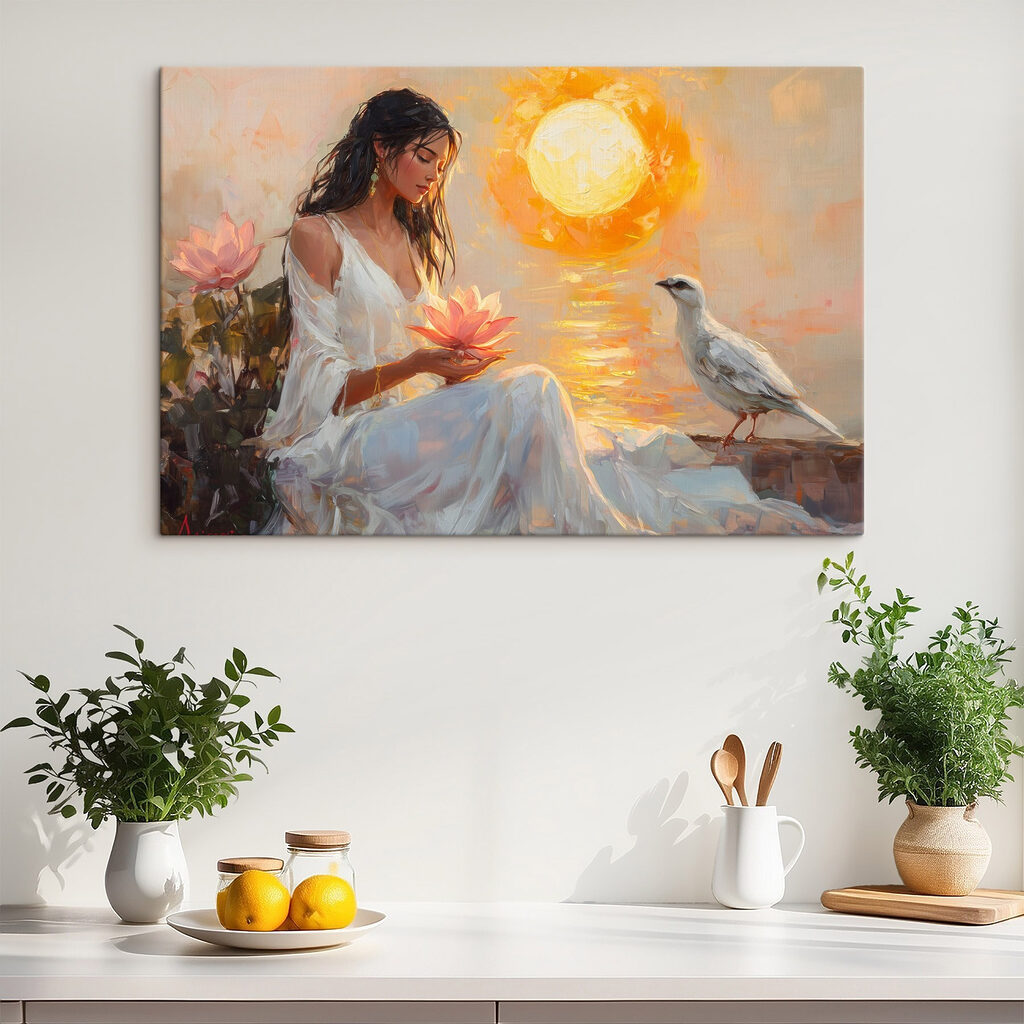 Painting of a woman holding a flower and a bird