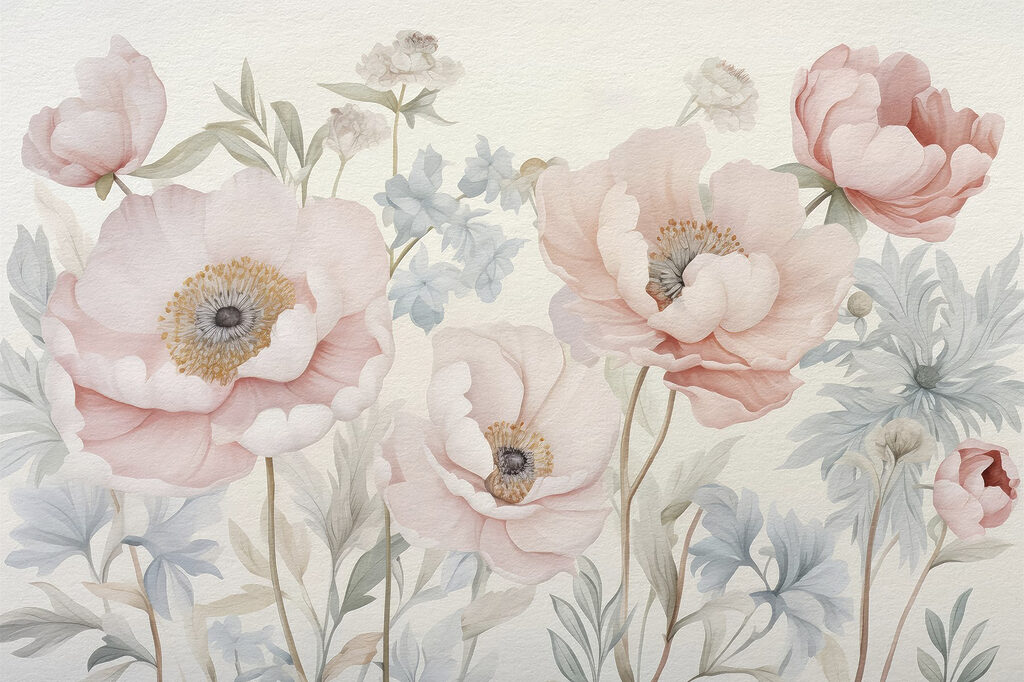 Gemälde mit Blumen an einer Wand Gemälde mit Blumen an einer Wand