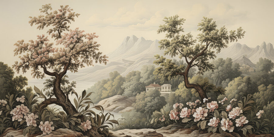 Landschaft mit Bäumen und Blumen