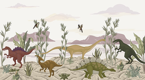 Gruppe von Dinosauriern in einer Wüste Gruppe von Dinosauriern in einer Wüste