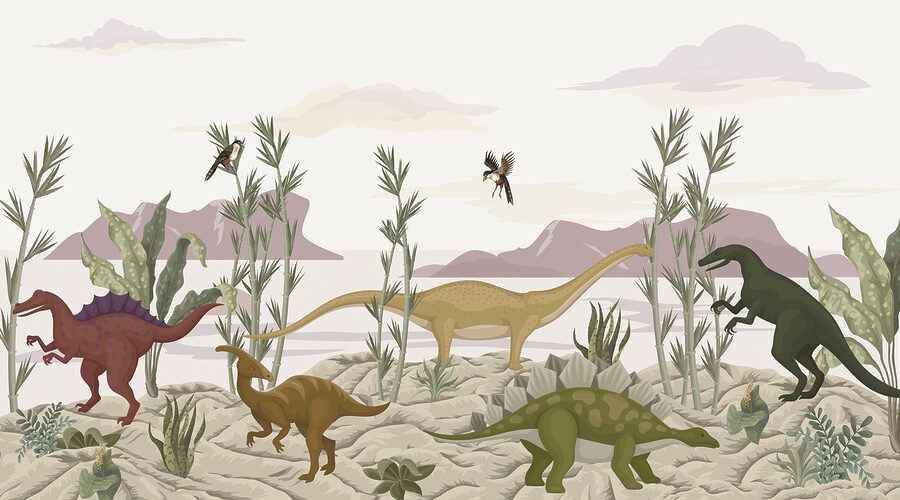 Gruppe von Dinosauriern in einer Wüste