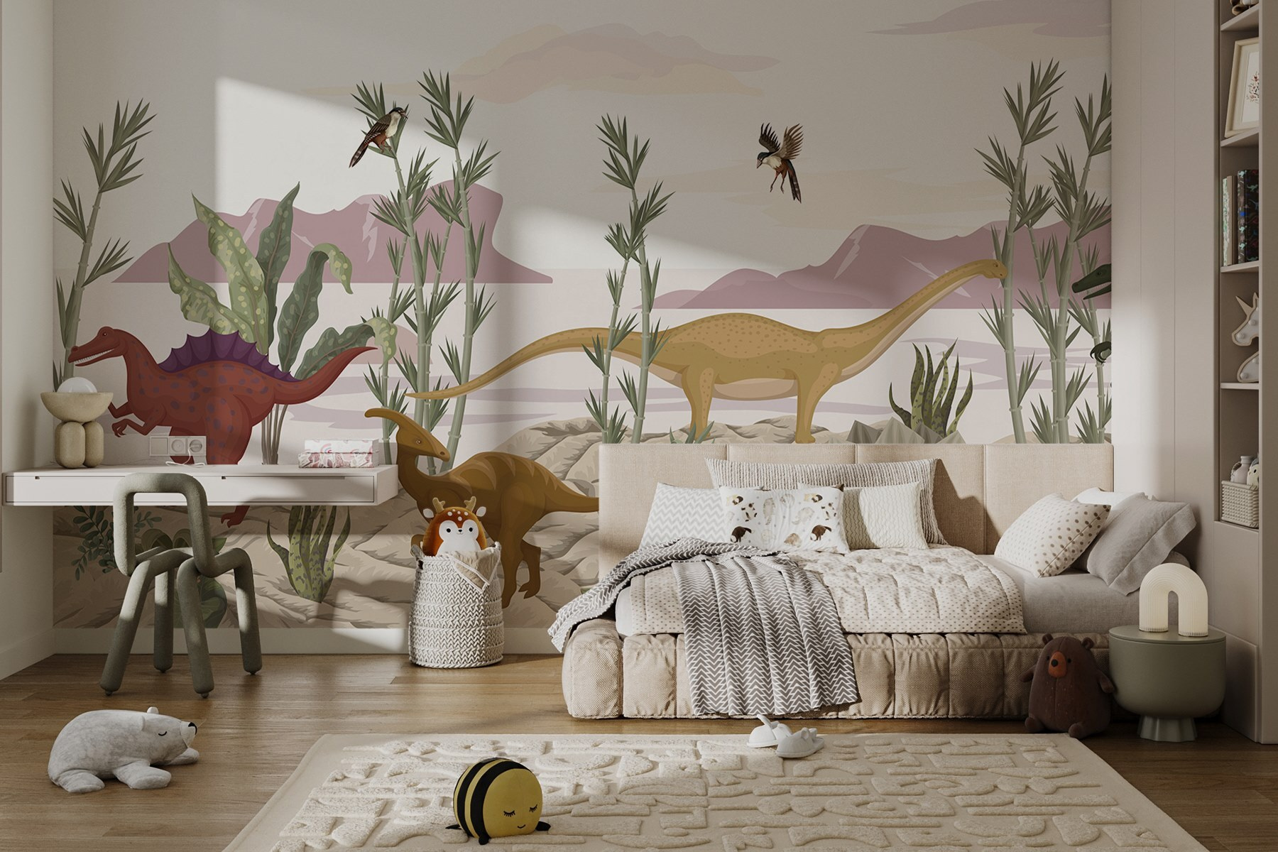 Group of dinosaurs in a desert