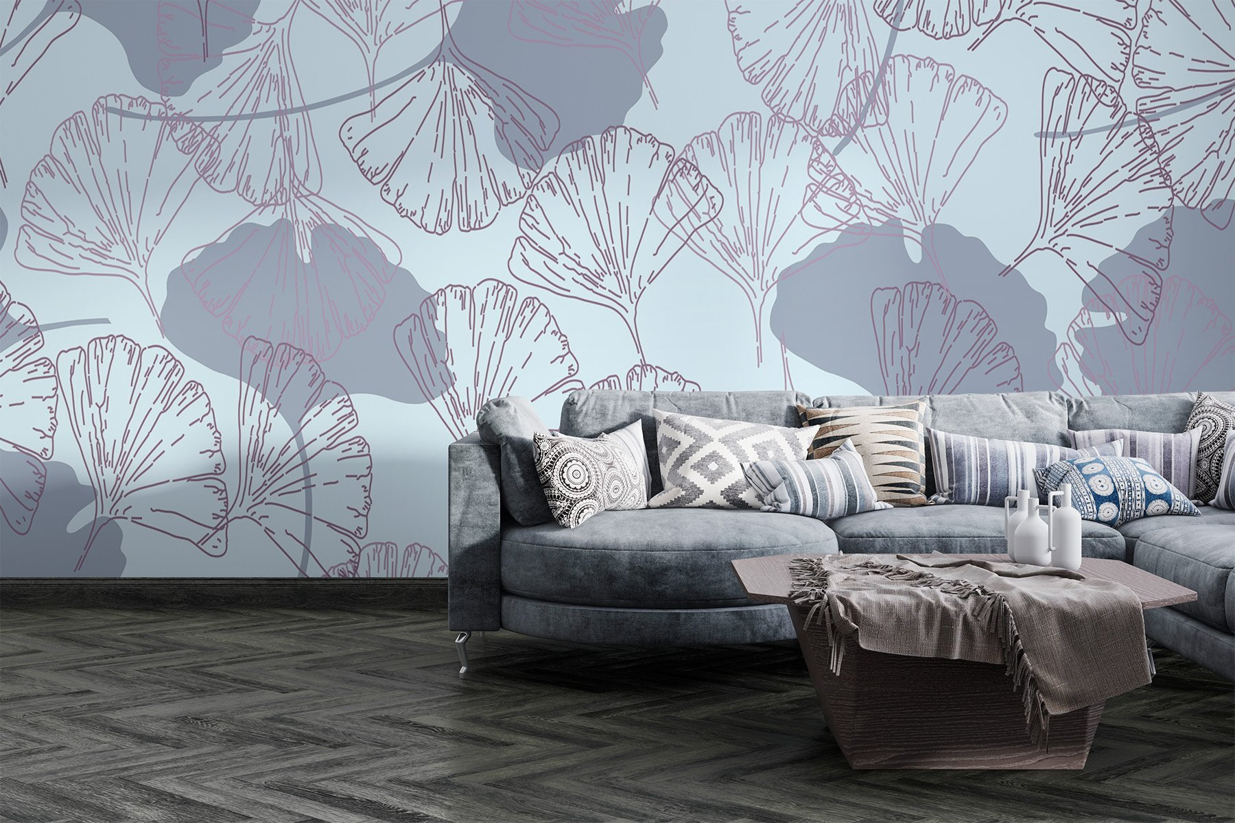 Pattern of leaves on a light blue background