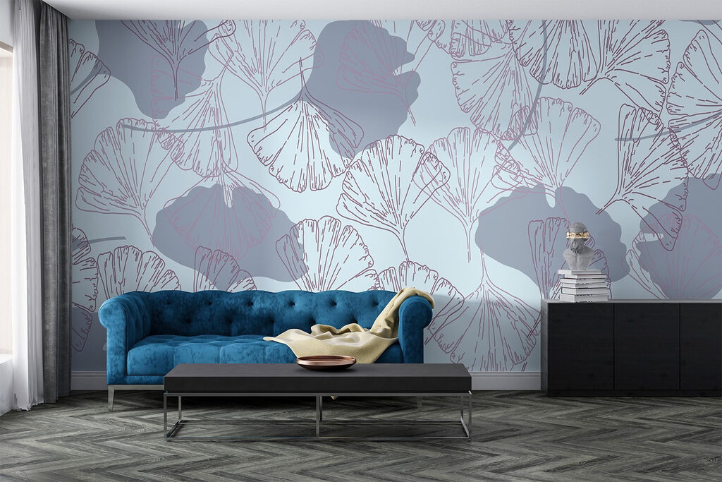 Pattern of leaves on a light blue background