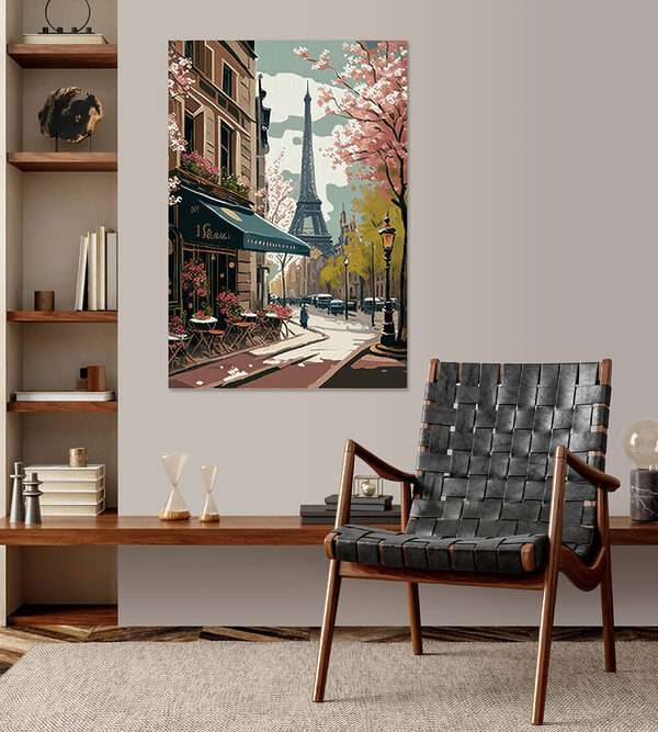 Gemälde einer Straße mit einem Turm im Hintergrund Gemälde einer Straße mit einem Turm im Hintergrund