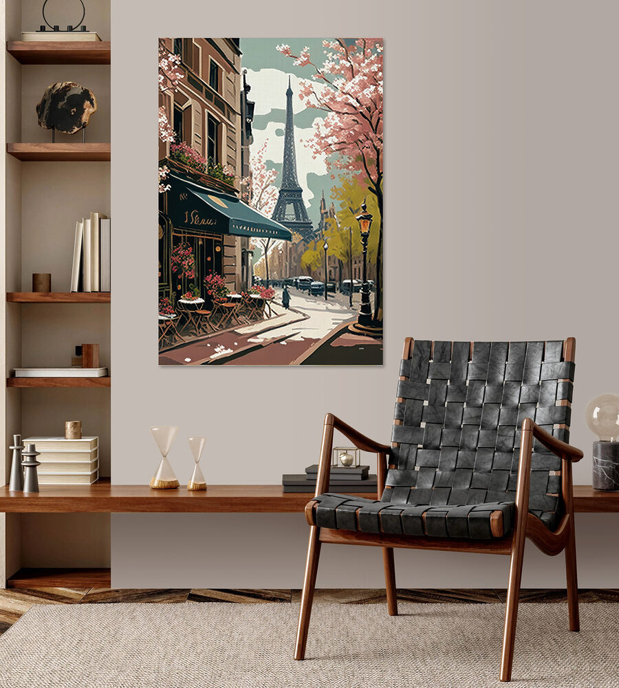 Gemälde einer Straße mit einem Turm im Hintergrund