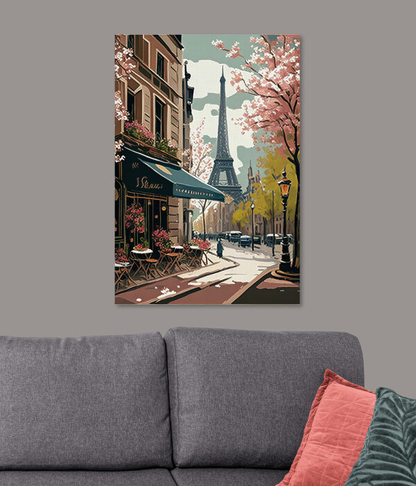 Gemälde einer Straße mit einem Turm im Hintergrund Gemälde einer Straße mit einem Turm im Hintergrund
