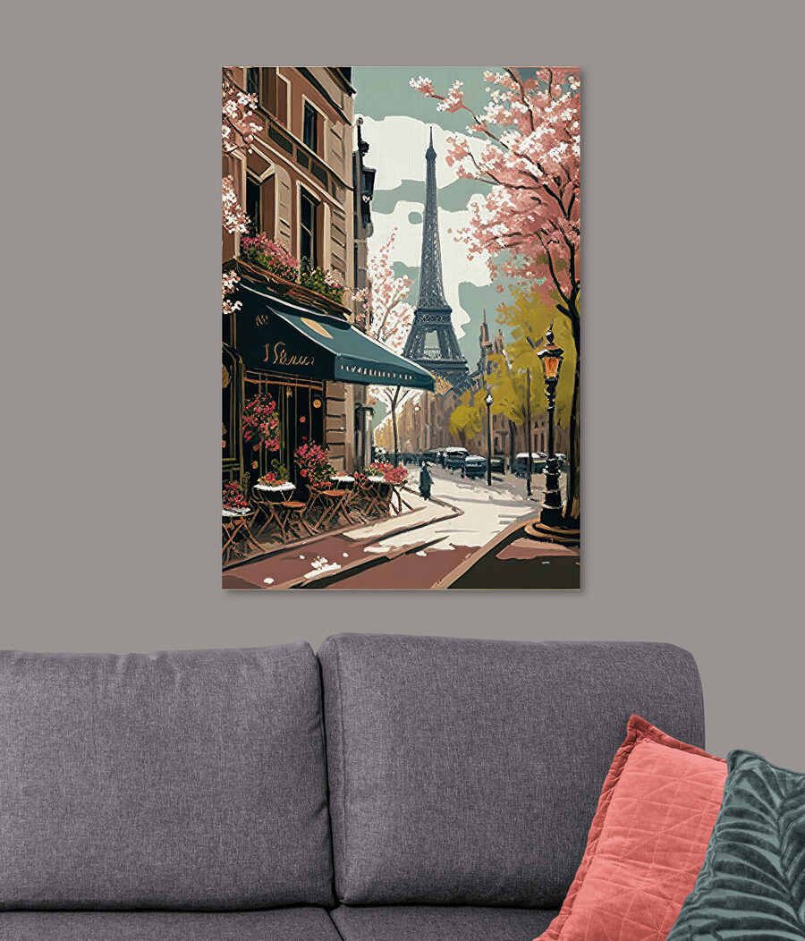Gemälde einer Straße mit einem Turm im Hintergrund