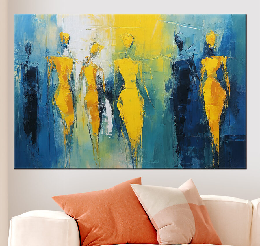 Malerei von Menschen in Gelb und Blau Malerei von Menschen in Gelb und Blau