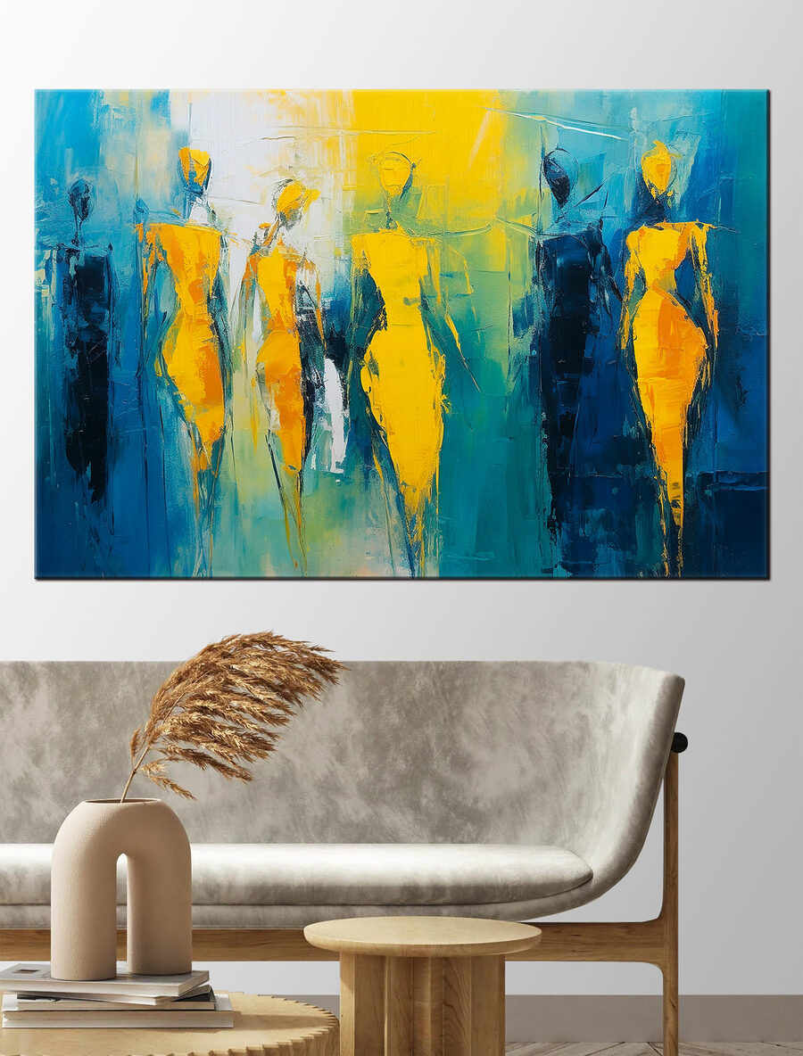 Malerei von Menschen in Gelb und Blau Malerei von Menschen in Gelb und Blau