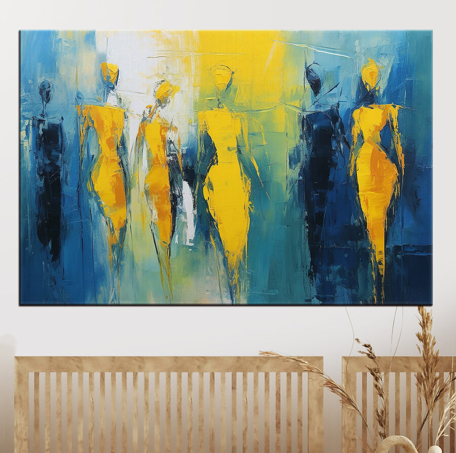 Malerei von Menschen in Gelb und Blau Malerei von Menschen in Gelb und Blau