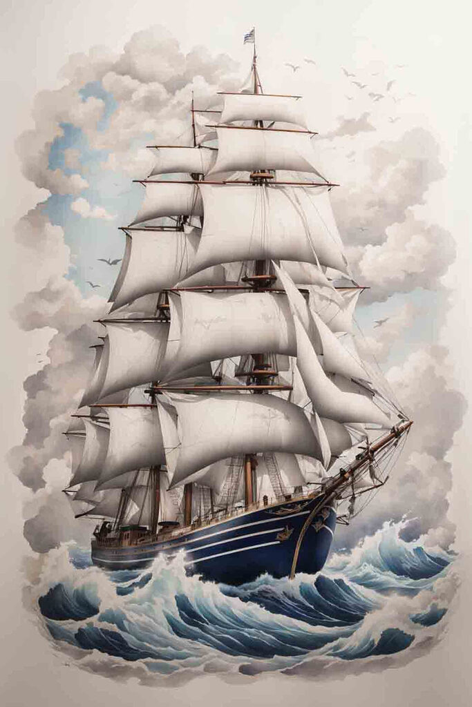 Painting of a ship in the ocean