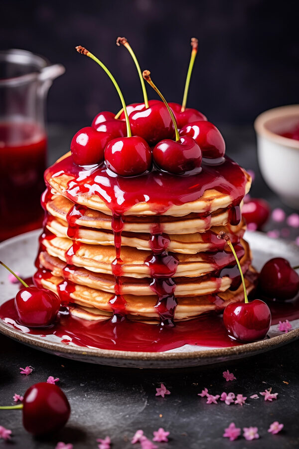 Pfannkuchenstapel mit Kirschsirup obendrauf Pfannkuchenstapel mit Kirschsirup obendrauf