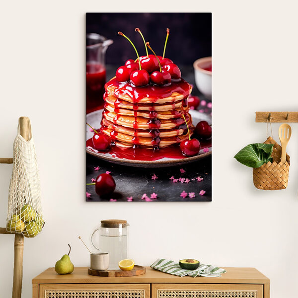 Pfannkuchenstapel mit Kirschsirup obendrauf Pfannkuchenstapel mit Kirschsirup obendrauf