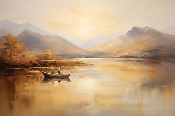 Painting of a boat on a lake with mountains in the background