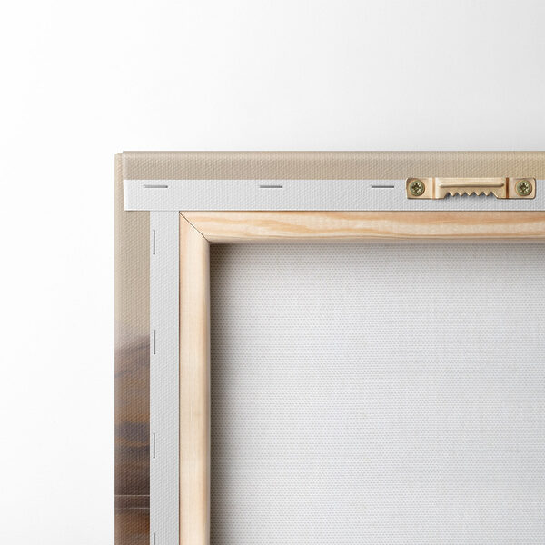 Painting of a boat on a lake with mountains in the background