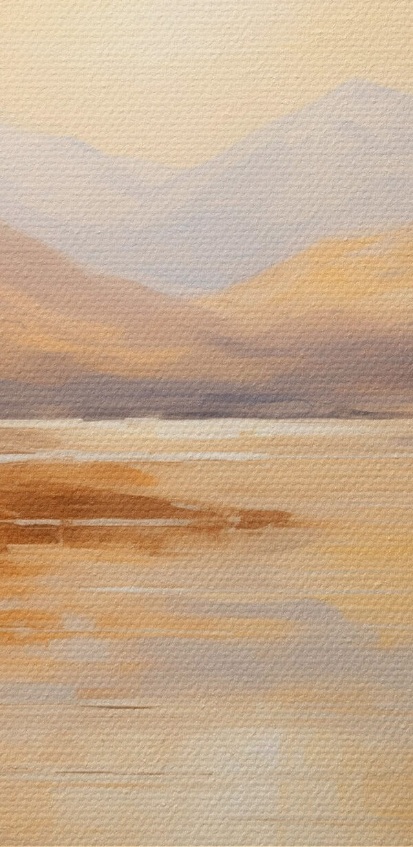 Painting of a boat on a lake with mountains in the background