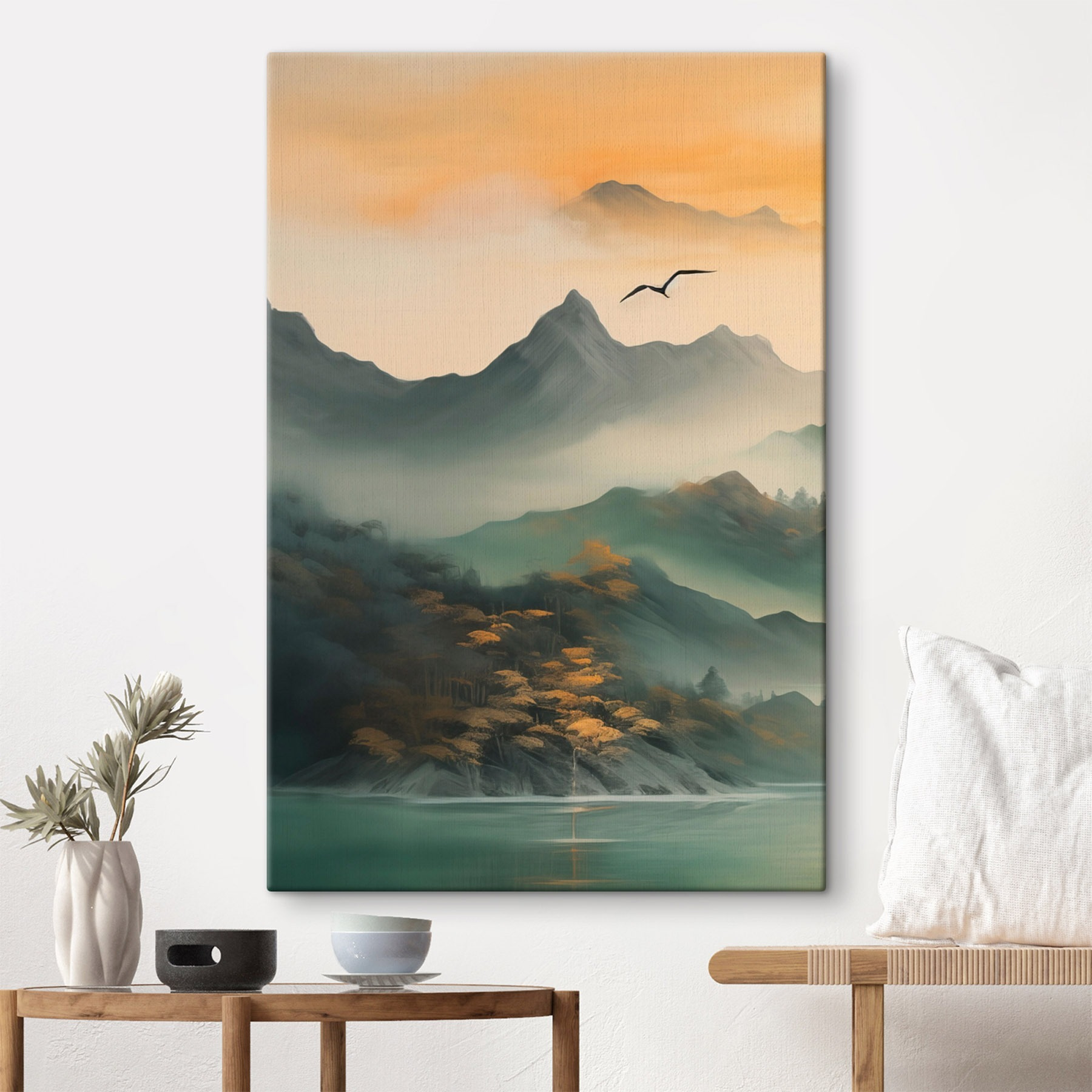 Bird flying over mountains