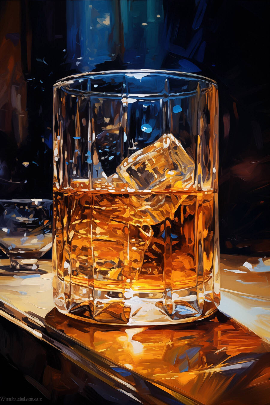 Glas mit bernsteinfarbener Flüssigkeit und Eiswürfeln